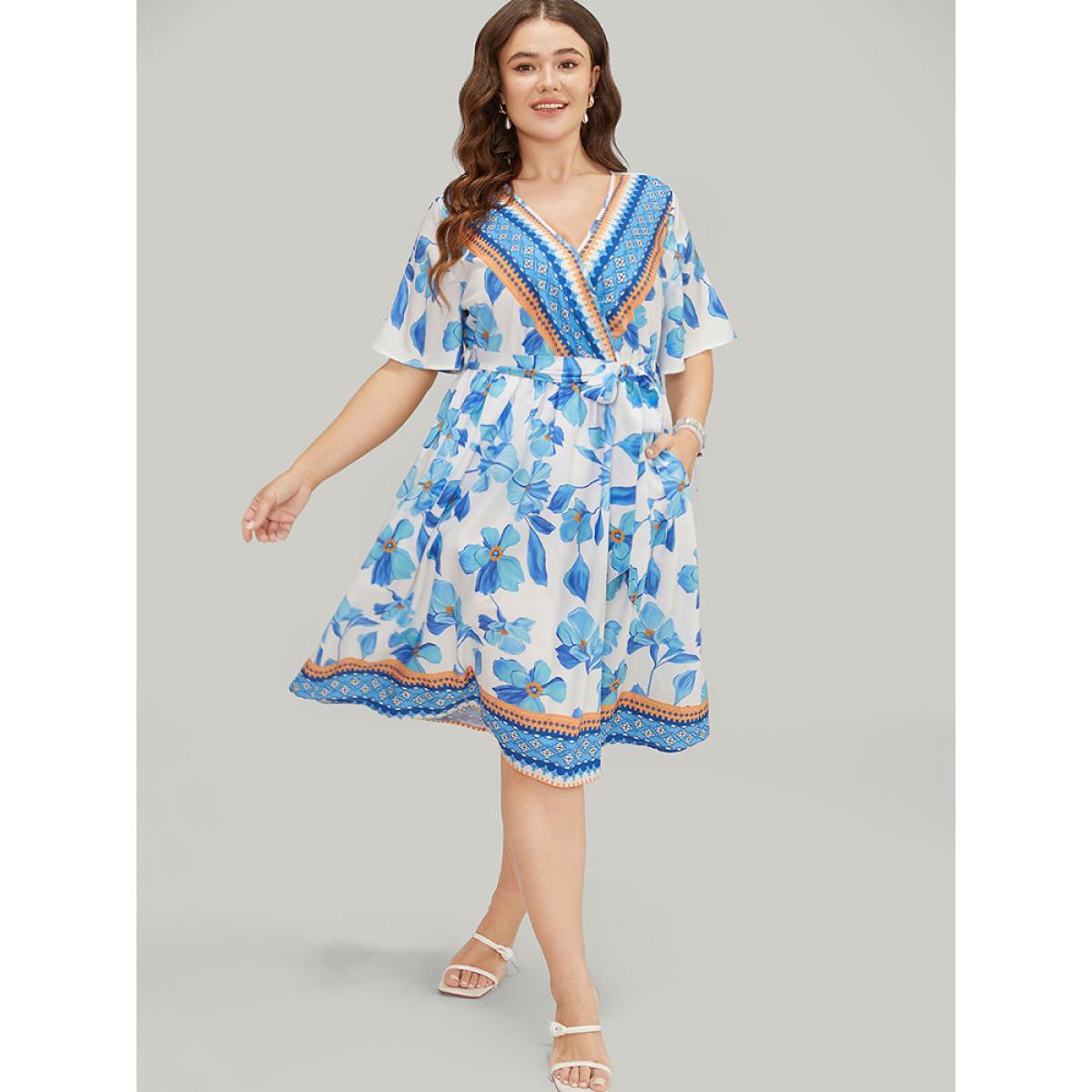 Plus Size Bandana Print Ruffle Hem Belted Pocket Wrap Dress LightBlue Women Vacation Cross straps V-neck Short sleeve Curvy Knee Dress BloomChic 30/6X Product Image