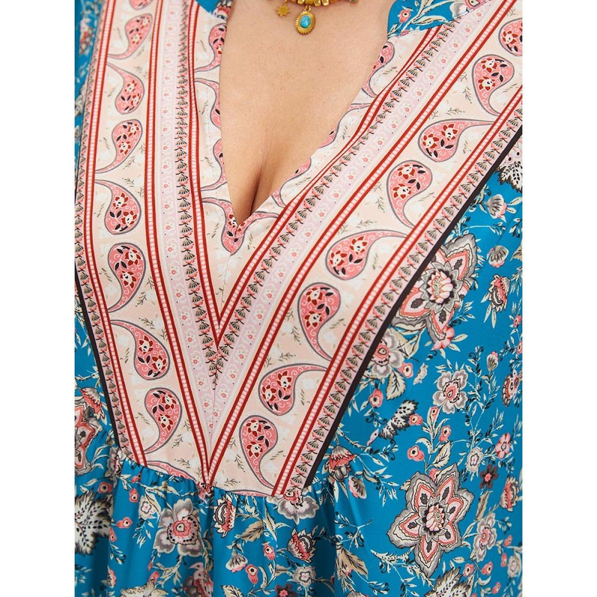 Plus Size Floral Print Notched Lantern Sleeve Contrast Dress Teal Women Vacation Elastic cuffs Notched collar Long Sleeve Curvy Midi Dress BloomChic 28/5X Product Image