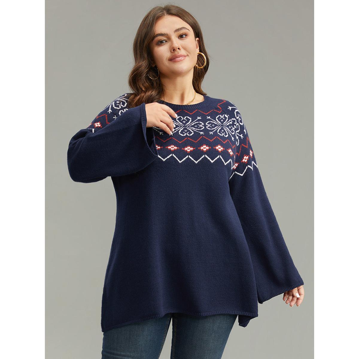 Plus Size Supersoft Essentials Geometric Bell Sleeve Pullover Indigo Women Casual Loose Long Sleeve Round Neck Dailywear Pullovers BloomChic 30/6X Product Image