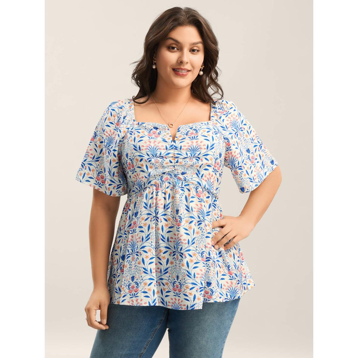 Plus Size Skyblue Floral Print Ruched Bodice Blouse Women Half Sleeve Notched collar Everyday-Elegant Blouses BloomChic 18-20/2X Product Image