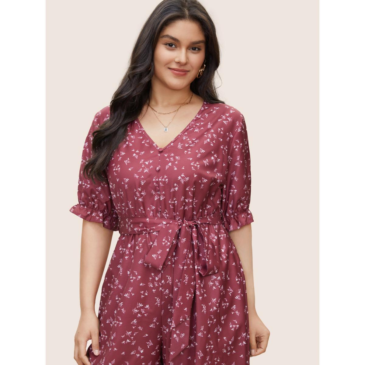 Plus Size DustyPink Ditsy Floral Flutter Trim Belted Button Detail Jumpsuit Women Elegant Half Sleeve V-neck Everyday Loose Jumpsuits BloomChic 22-24/3X Product Image