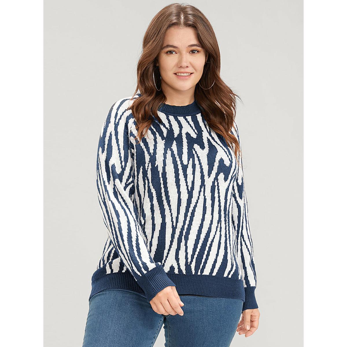 Plus Size Zebra Print Pointelle Knit Raglan Sleeve Jacquard Knit Top Midnight Women Casual Long Sleeve Round Neck Everyday Pullovers BloomChic 12/L Product Image