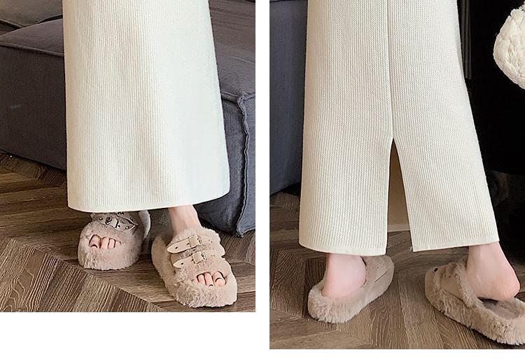 High Rise Plain Slit Knit Midi A-Line Skirt Product Image