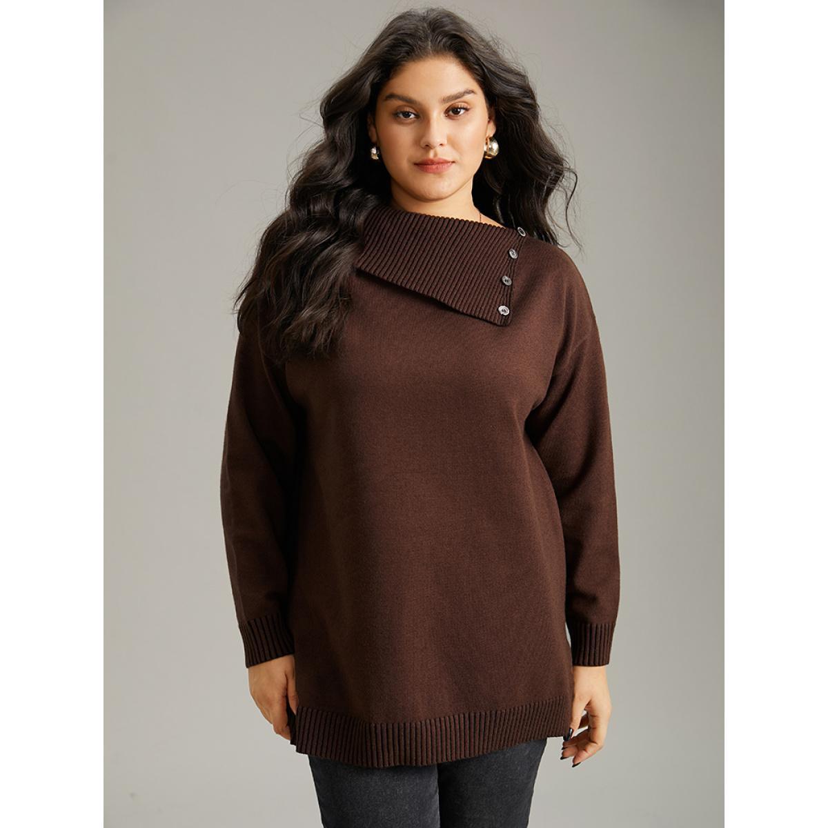 Plus Size Supersoft Essentials Asymmetrical Neck Button Detail Pullover DarkBrown Women Casual Loose Long Sleeve Asymmetrical Neck Dailywear Pullovers BloomChic 18-20/2X Product Image