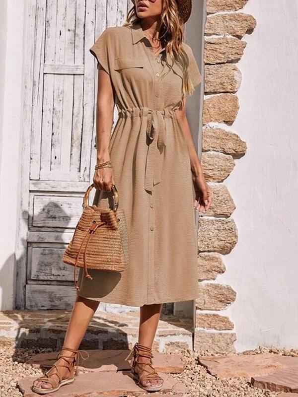 Raglan Sleeve Drawstring Pleated Split-Joint Lapel Midi Dresses Shirt Dress Product Image