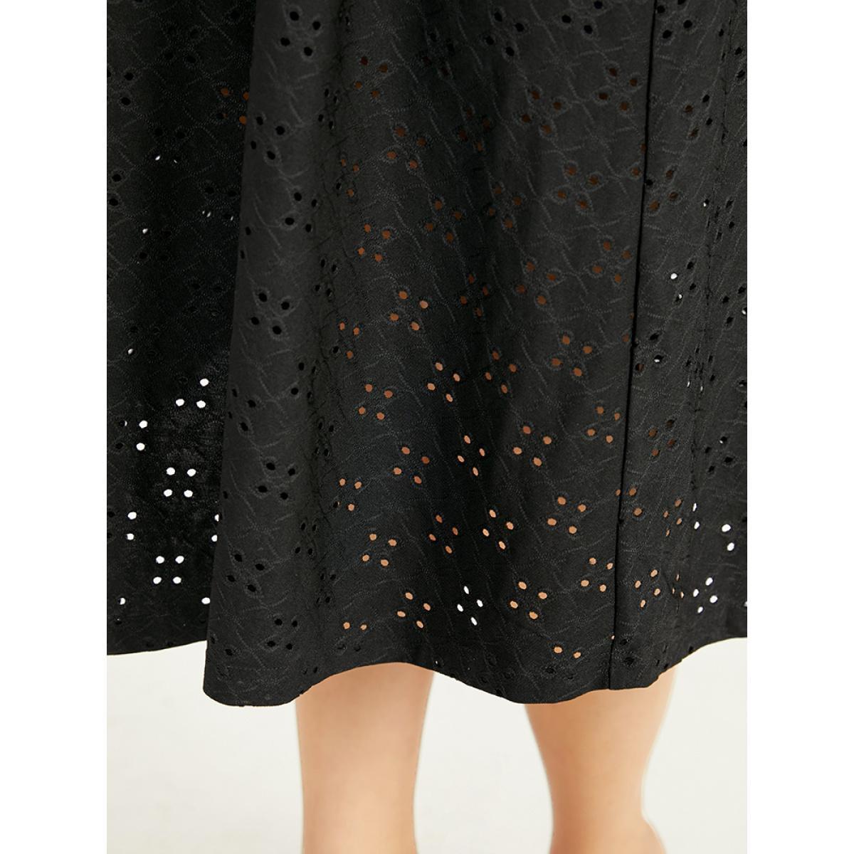 Plus Size Plain Square Neck Laser Cut Lantern Sleeve Dress Black Women Elegant Elastic cuffs Square Neck Long Sleeve Curvy Midi Dress BloomChic 26/4X Product Image
