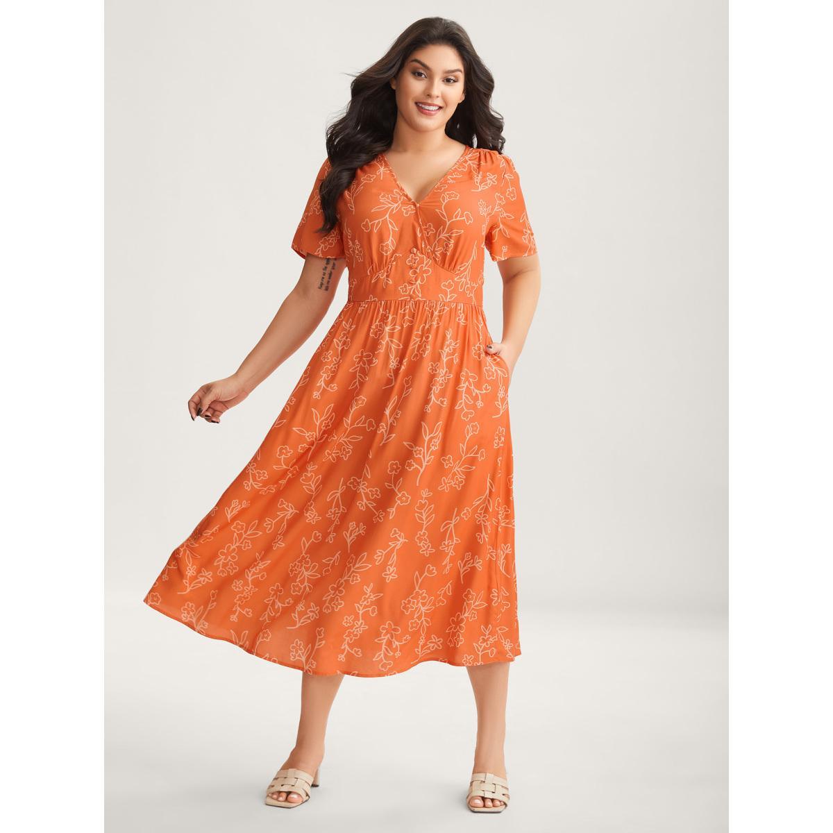 Plus Size Rayon Silhouette Floral Print Midi Dress Rust Women Overlap Collar Short sleeve Curvy BloomChic 28/5X Product Image