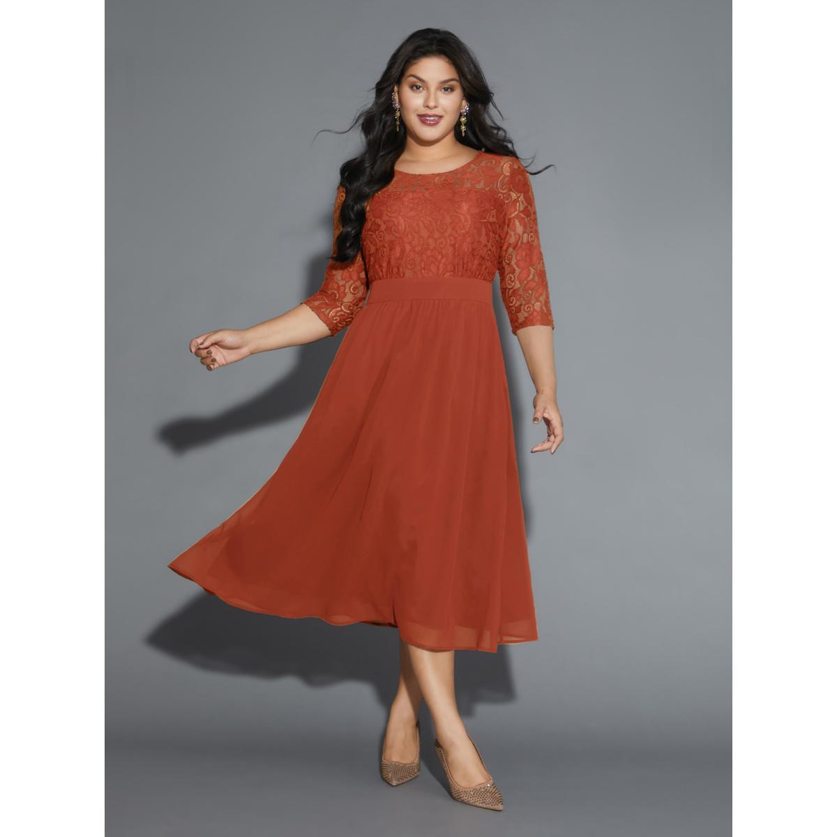 Plus Size Lace Patchwork Shirred Midi Pocket Dress OrangeRed Women Cocktail Woven ribbon&lace trim Round Neck Elbow-length sleeve Curvy BloomChic 14-16/1X Product Image