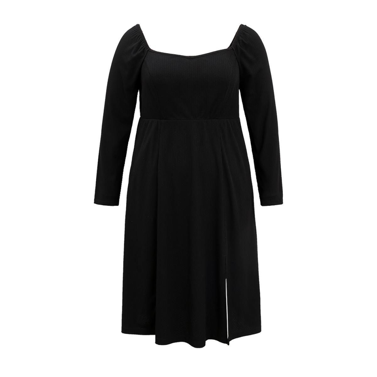 Plus Size Rib Knit Split Side Square Neck Dress Black Women Elegant Plain Square Neck Long Sleeve Curvy Midi Dress BloomChic 12/L Product Image