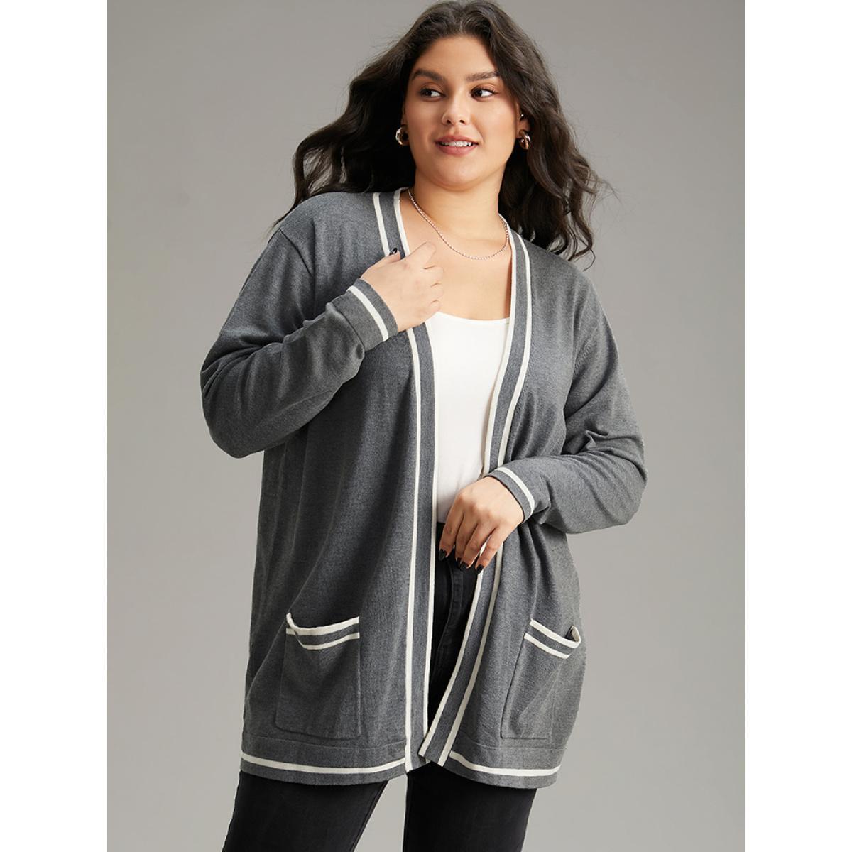 Plus Size Supersoft Essentials Striped Patchwork Pocket Open Front Cardigan Gray Women Casual Loose Long Sleeve Everyday Cardigans BloomChic 18-20/2X Product Image