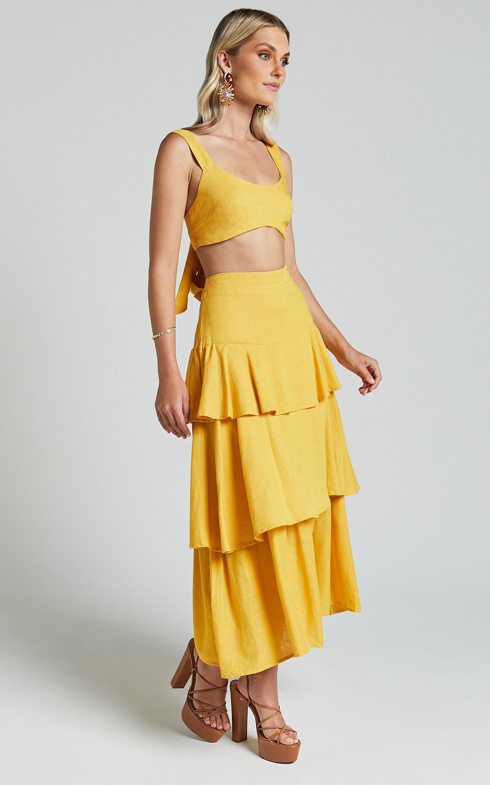 Amalie The Label - Kaleigh Linen Blend Bralette and Tiered Maxi Skirt Two Piece Set in Yellow Product Image