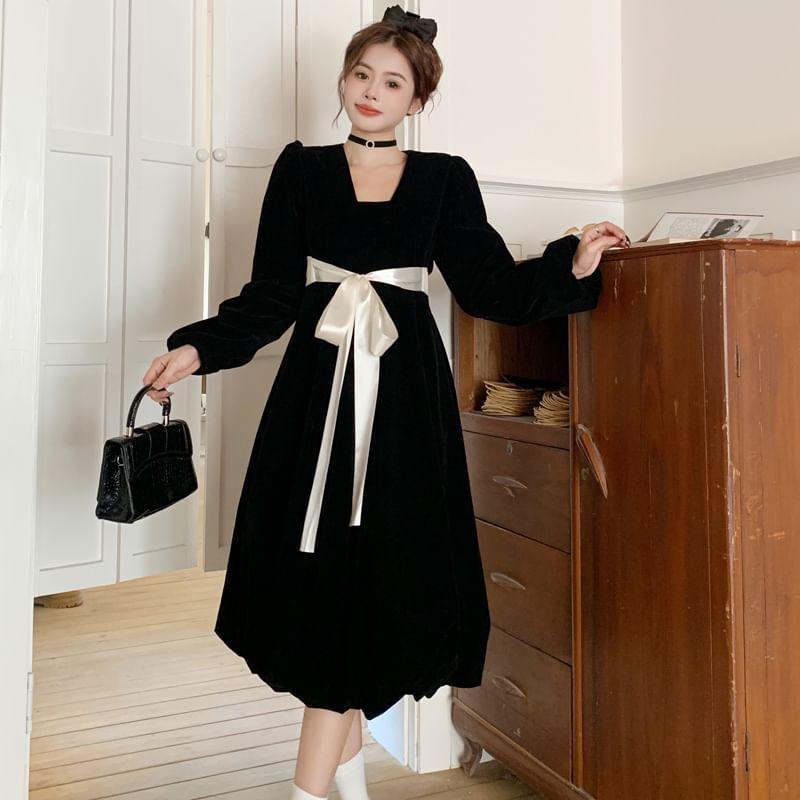 Long-Sleeve V-Neck Ribbon Waist A-Line Dress (Various Designs) Product Image