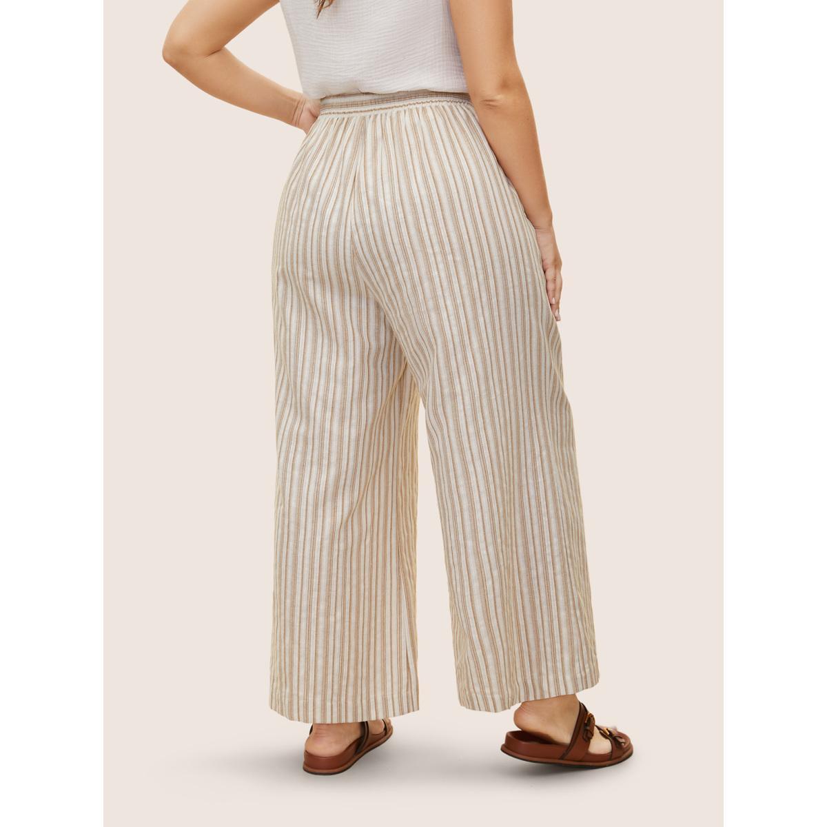 Plus Size Striped Drawstring Mid Rise Wide Leg Pants Women Tan Resort Wide Leg Mid Rise Vacation Pants BloomChic 22-24/3X Product Image