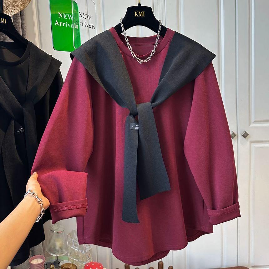Long-Sleeve Round Neck Plain Mock Two-Piece Tee Product Image