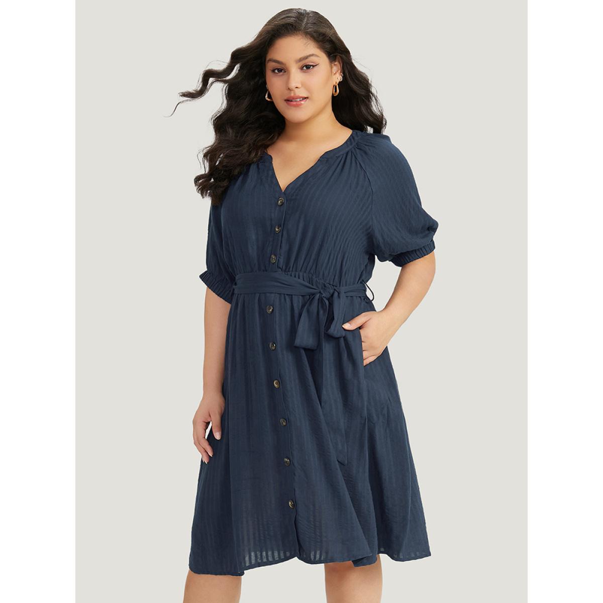 Plus Size Solid Button Through Notched Belted Dress Navy Women Office Elastic cuffs Notched collar Short sleeve Curvy Midi Dress BloomChic 26/4X Product Image