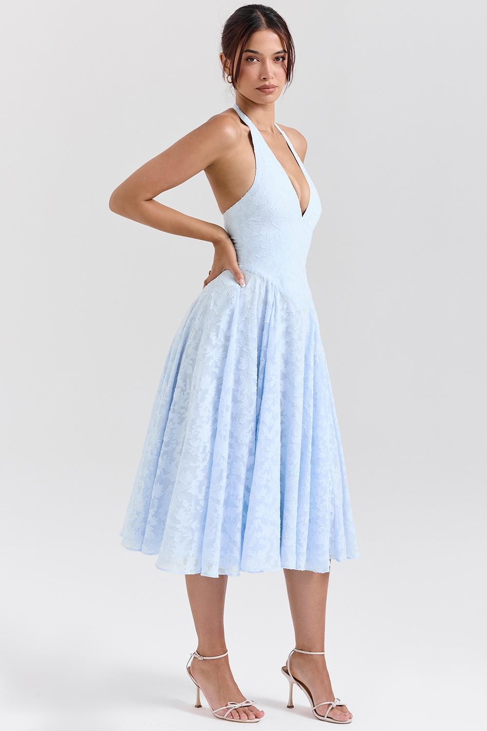 Arietta Bluebell Floral Jacquard Halter Midi Dress Product Image