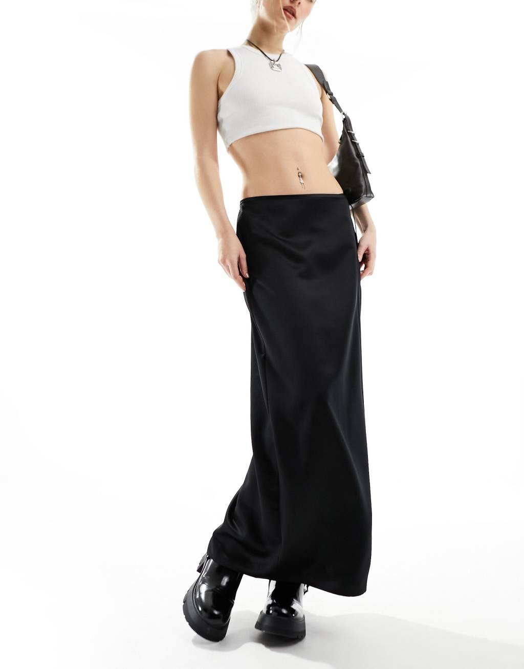 COLLUSION satin wrap slip skirt with tie waist in black Product Image
