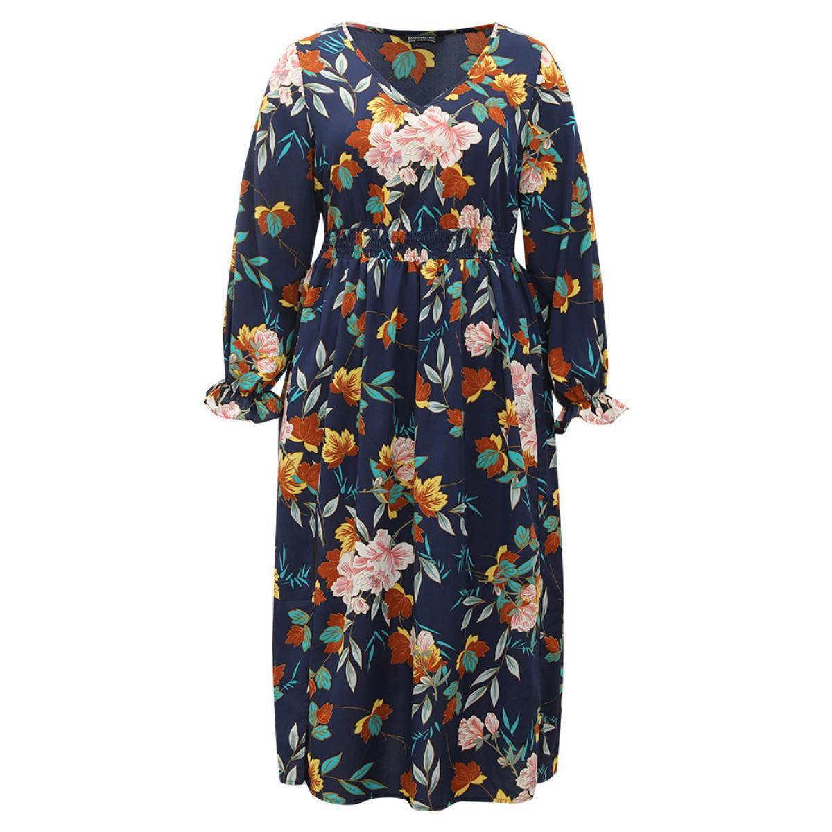 Plus Size Floral Print Split Side Ruffle Trim Dress Navy Women Elegant Printed V-neck Long Sleeve Curvy Midi Dress BloomChic 10/M Product Image
