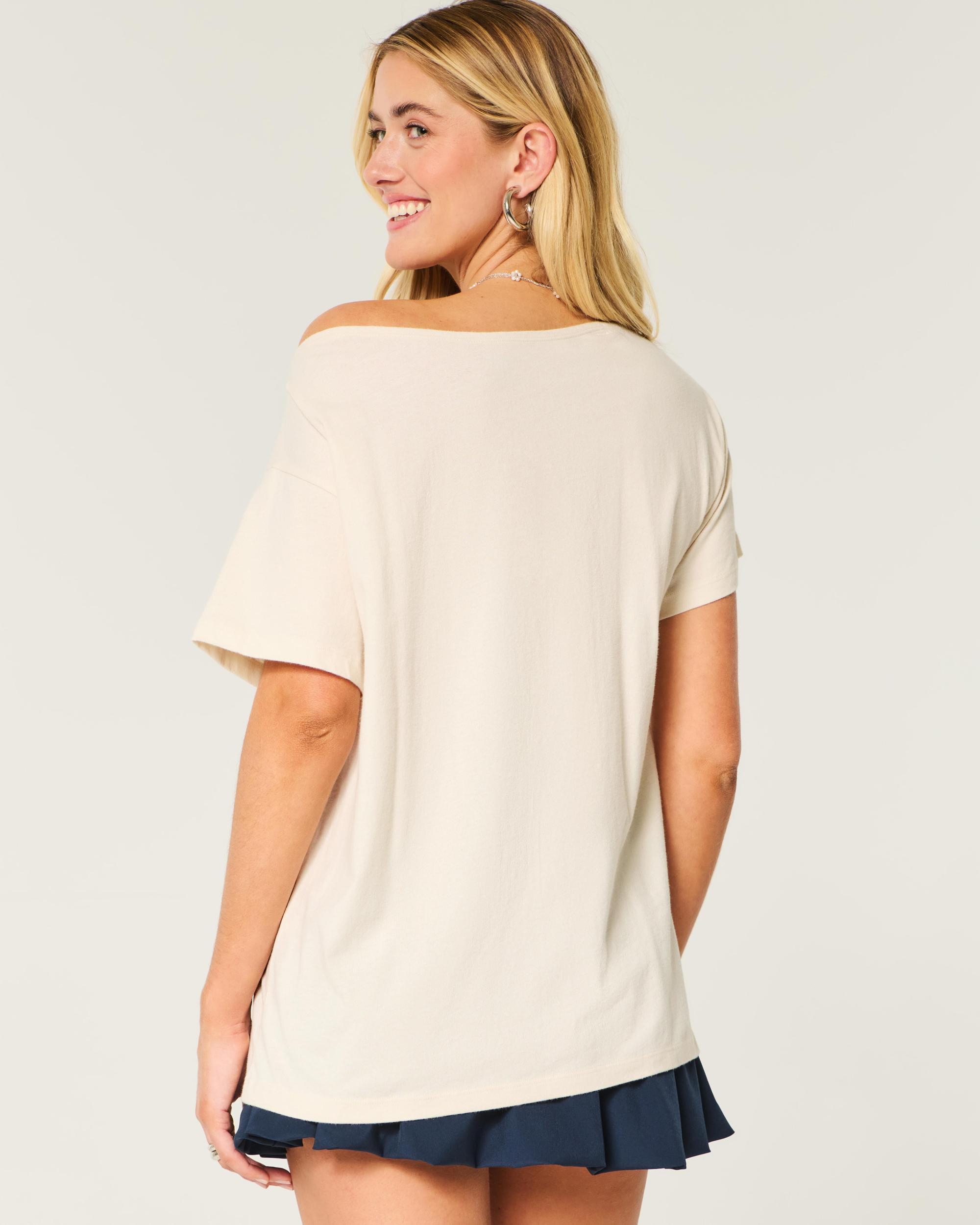 Oversized Off-the-Shoulder Good Luck Graphic Tee Product Image
