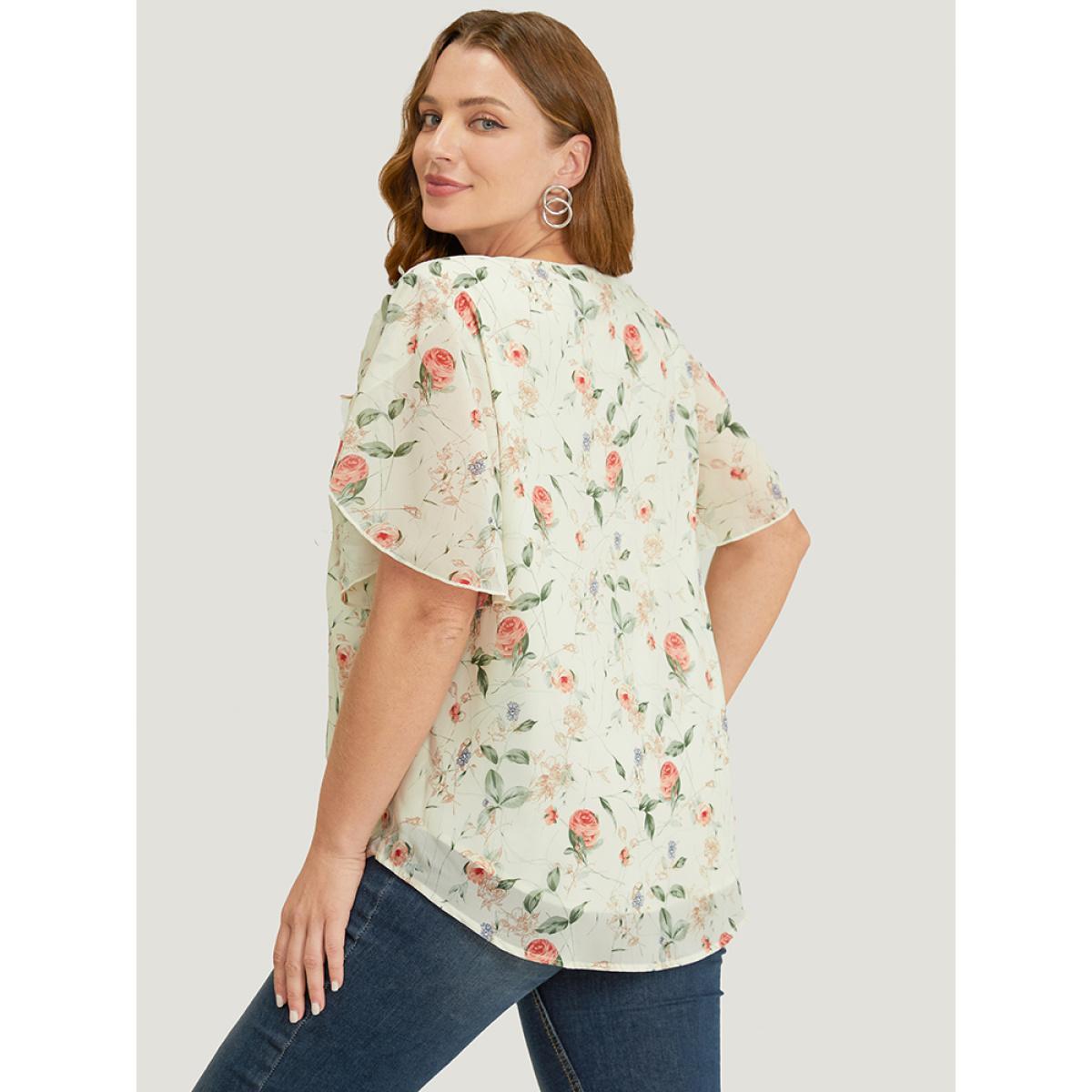 Plus Size Ivory Floral Split Sleeve Chiffon Blouse Women Elegant Short sleeve Round Neck Dailywear Blouses BloomChic 22-24/3X Product Image