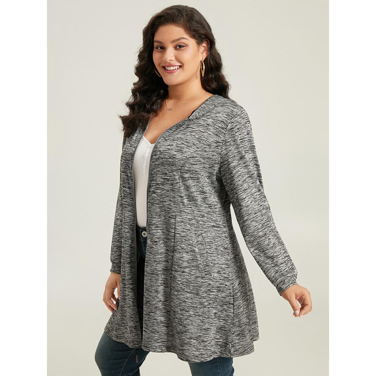 Plus Size Plain Heather Zipper Pocket Hooded Jacket Women DimGray Plain Pocket Dailywear Jackets BloomChic 30/6X Product Image