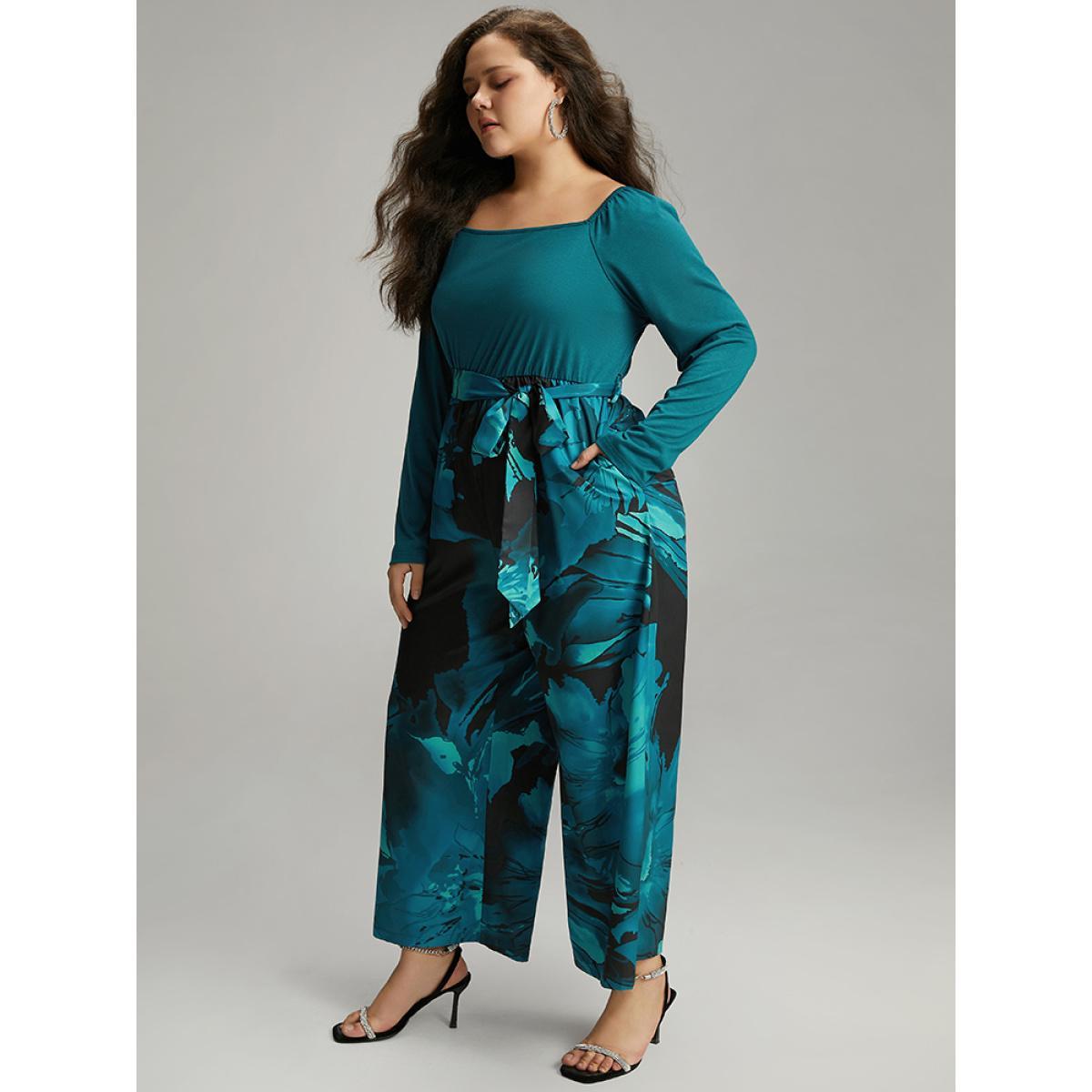 Plus Size Teal Floral Square Neck Gathered Belted Jumpsuit Women Glamour Long Sleeve Square Neck Going out Loose Jumpsuits BloomChic 22-24/3X Product Image