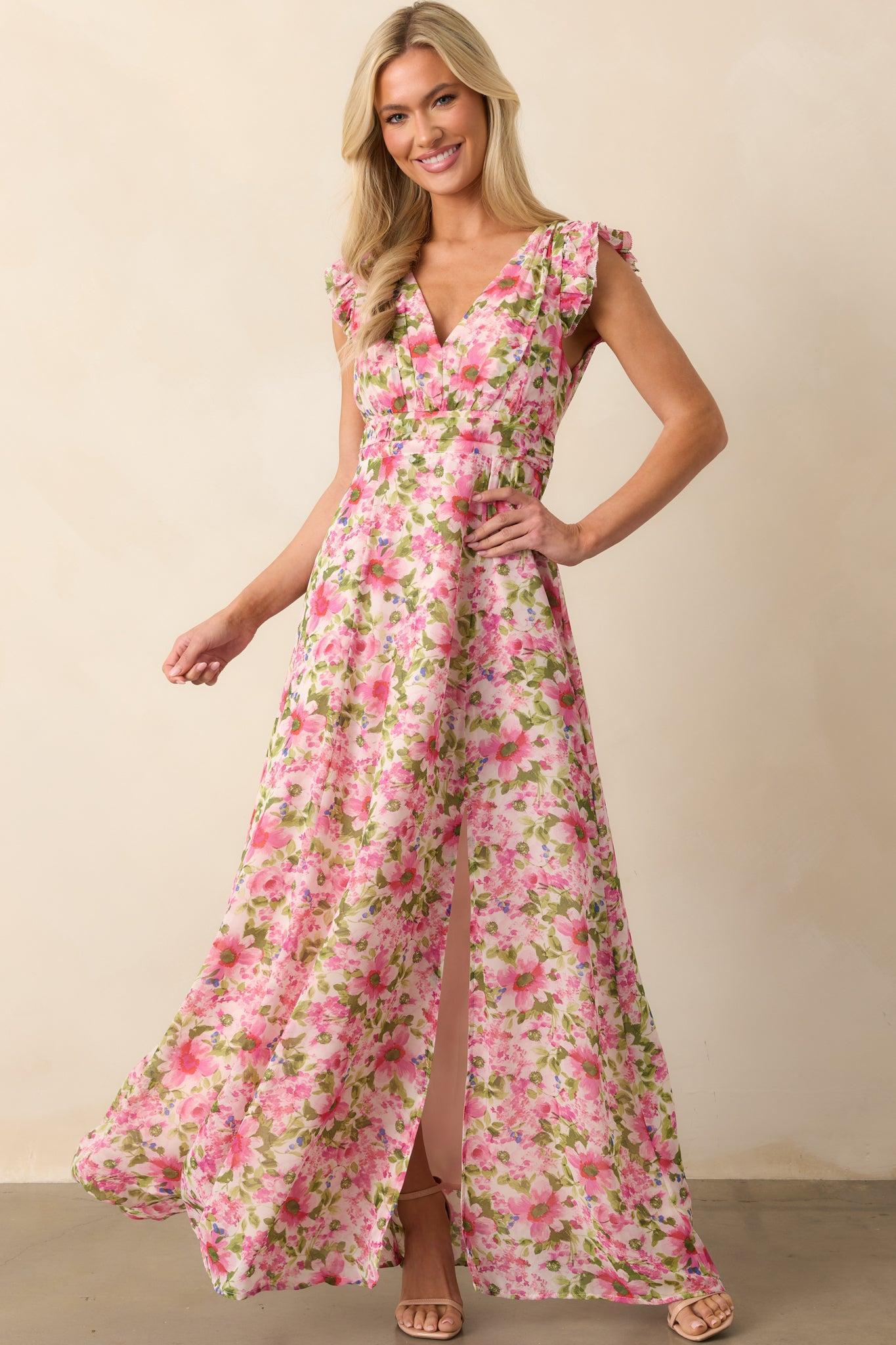 Dancing In The Sun Pink Floral Sleeveless Maxi Dress Product Image