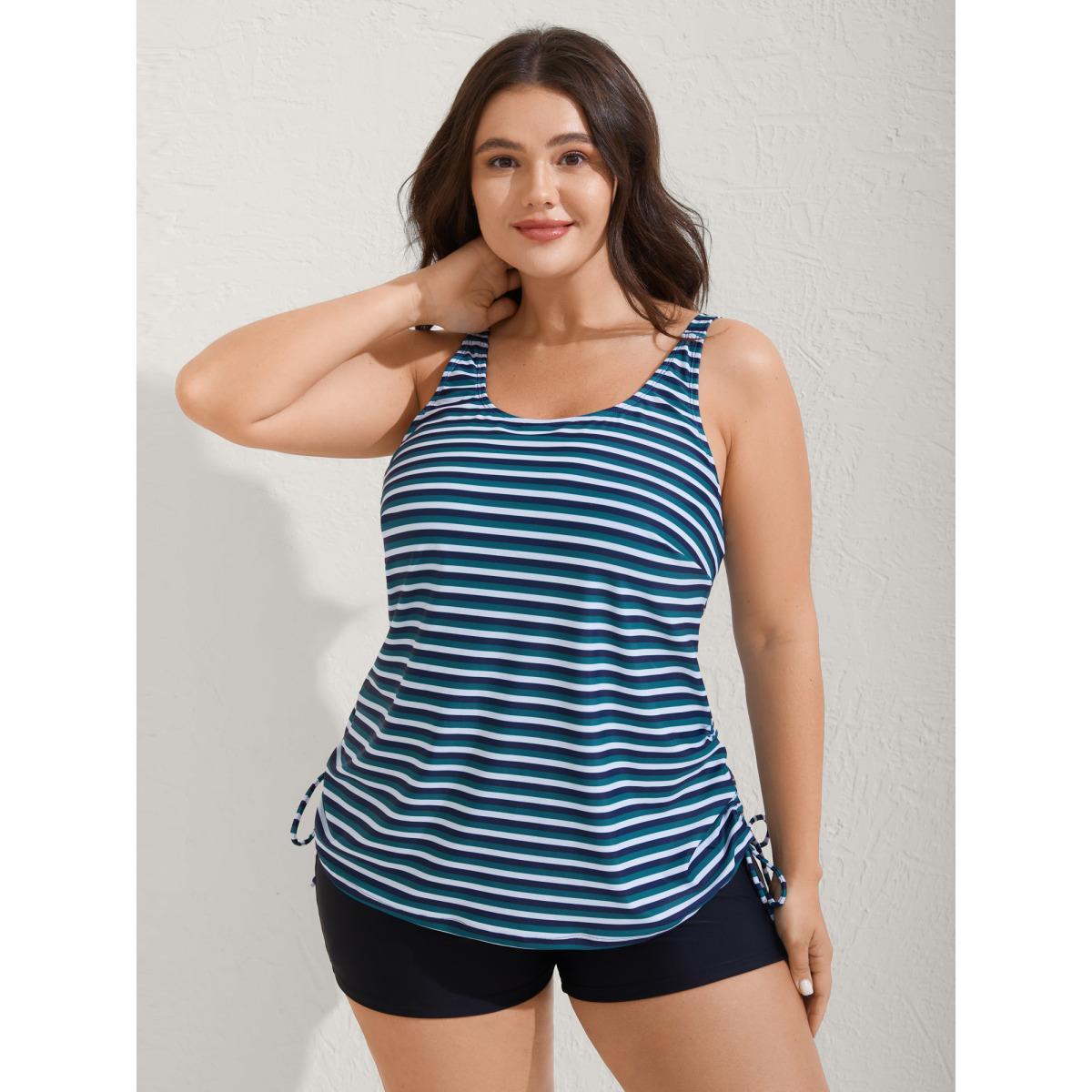 Plus Size Striped Non-Removable Cups Swim Top Women's Swimwear DarkSlateGray Beach Drawstring High stretch Bodycon U-neck Curve Swim Tops BloomChic 22-24/3X Product Image