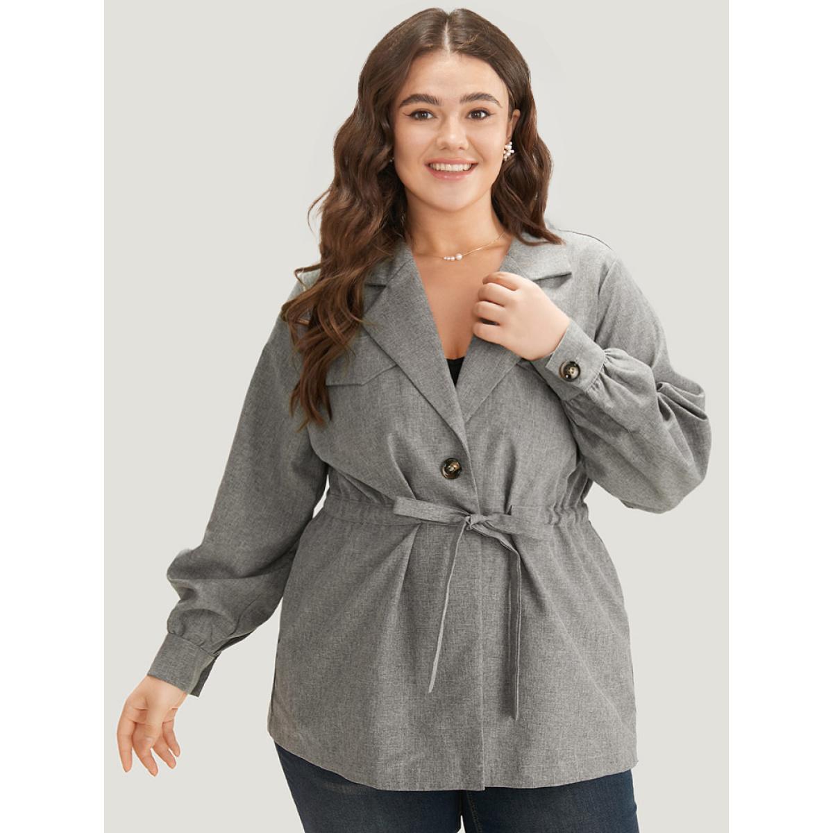 Plus Size Plain Pocket Drawstring Button Up Suit Collar Coat Women DimGray Casual Plain Ladies Dailywear Winter Coats BloomChic 12/L Product Image