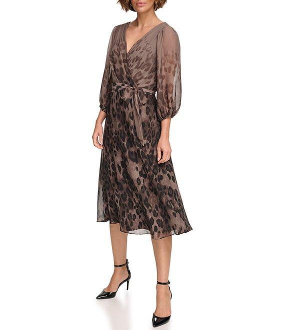 DKNY by Donna Kara Printed Chiffon Surplice V-Neck Belted Fit & Flare Midi Dress Product Image