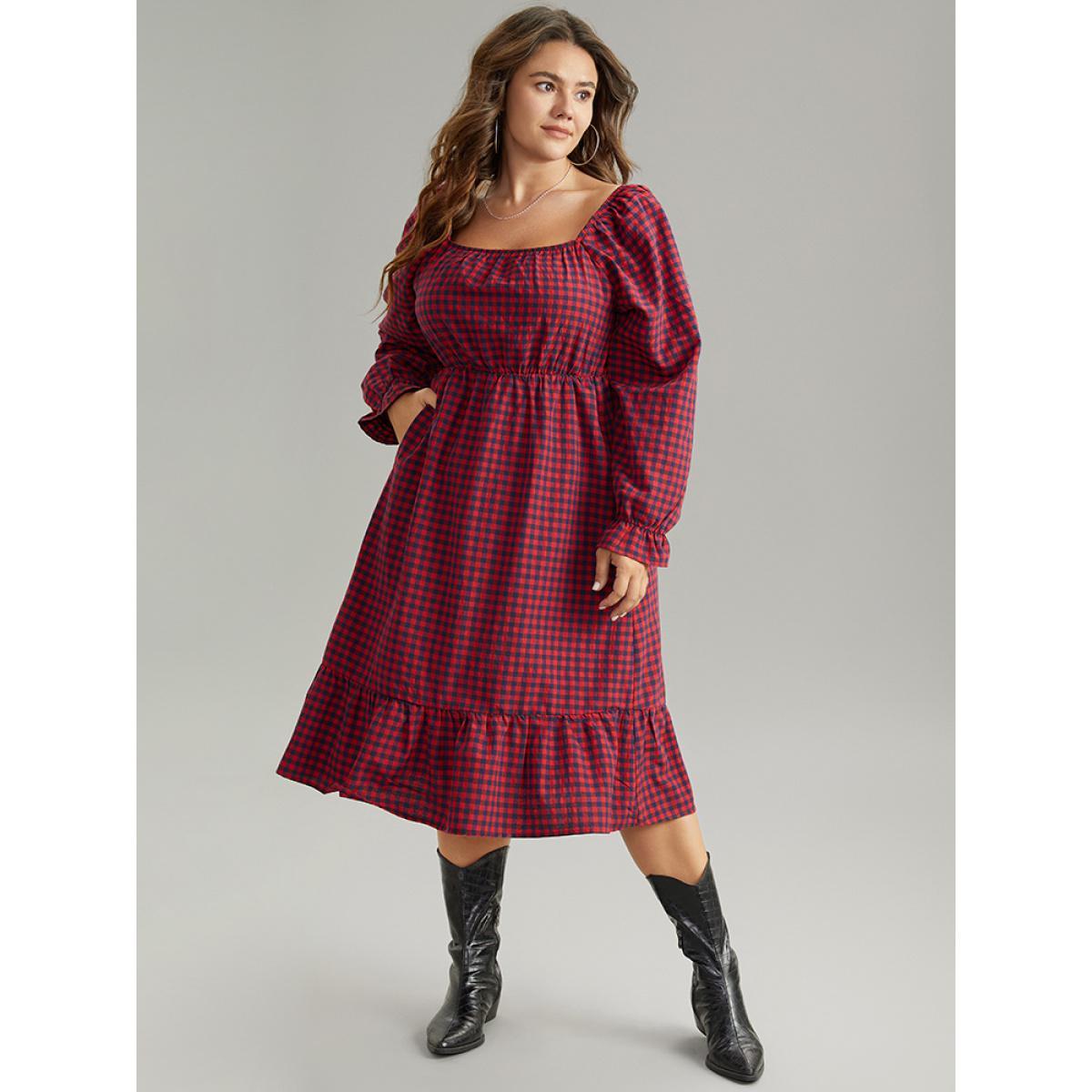 Plus Size Gingham Square Neck Shirred Gathered Ruffles Dress Scarlet Women Casual Gathered Square Neck Long Sleeve Curvy Midi Dress BloomChic 18-20/2X Product Image
