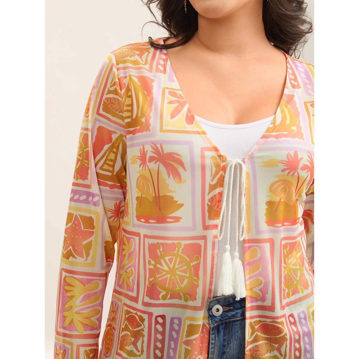 Plus Size Island Ready Print Mesh Tassels Kimono Women Multicolor Tie knot Vacation Kimonos BloomChic 26/4X Product Image