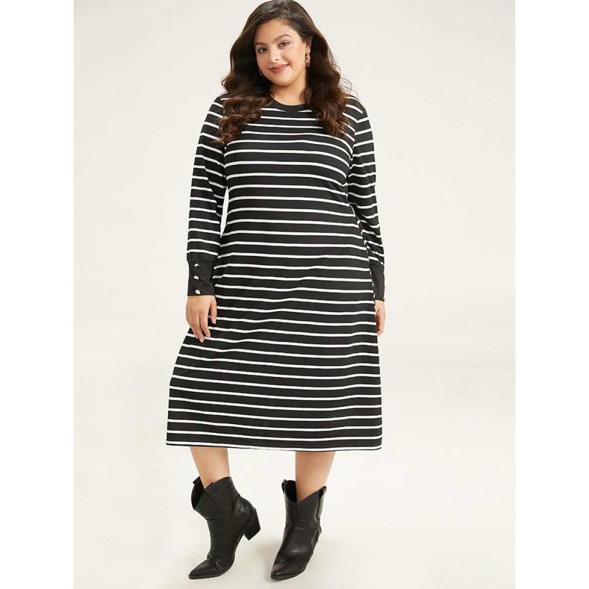 Plus Size Rib Knit Striped Button Detail Patchwork Dress Black Women Casual Printed Round Neck Long Sleeve Curvy Midi Dress BloomChic 18-20/2X Product Image