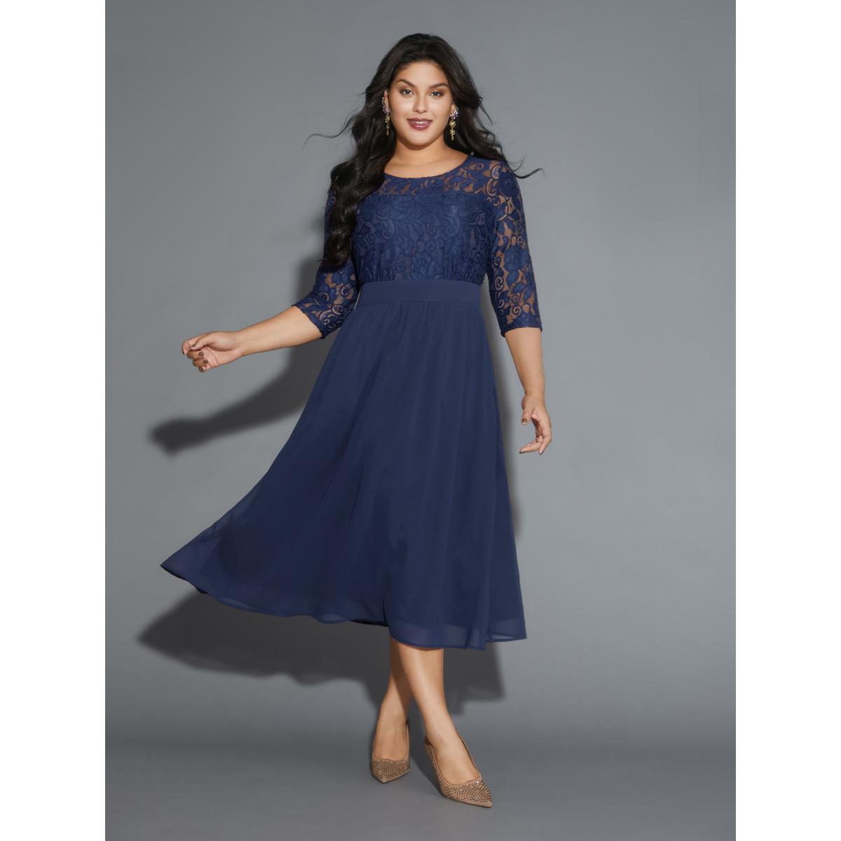 Plus Size Lace Patchwork Shirred Midi Pocket Dress DarkBlue Women Cocktail Woven ribbon&lace trim Round Neck Elbow-length sleeve Curvy BloomChic 26/4X Product Image
