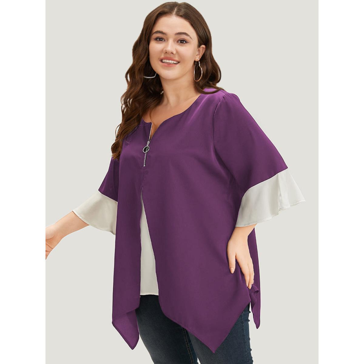 Plus Size Purple Anti-Wrinkle Contrast Zip Up Flutter Sleeve Hanky Hem Blouse Women Office Half Sleeve Round Neck Work Blouses BloomChic 30/6X Product Image