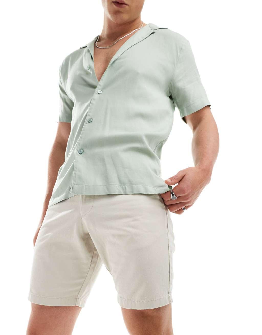 ASOS DESIGN 2 pack slim stretch chino shorts in khaki and stone save Product Image