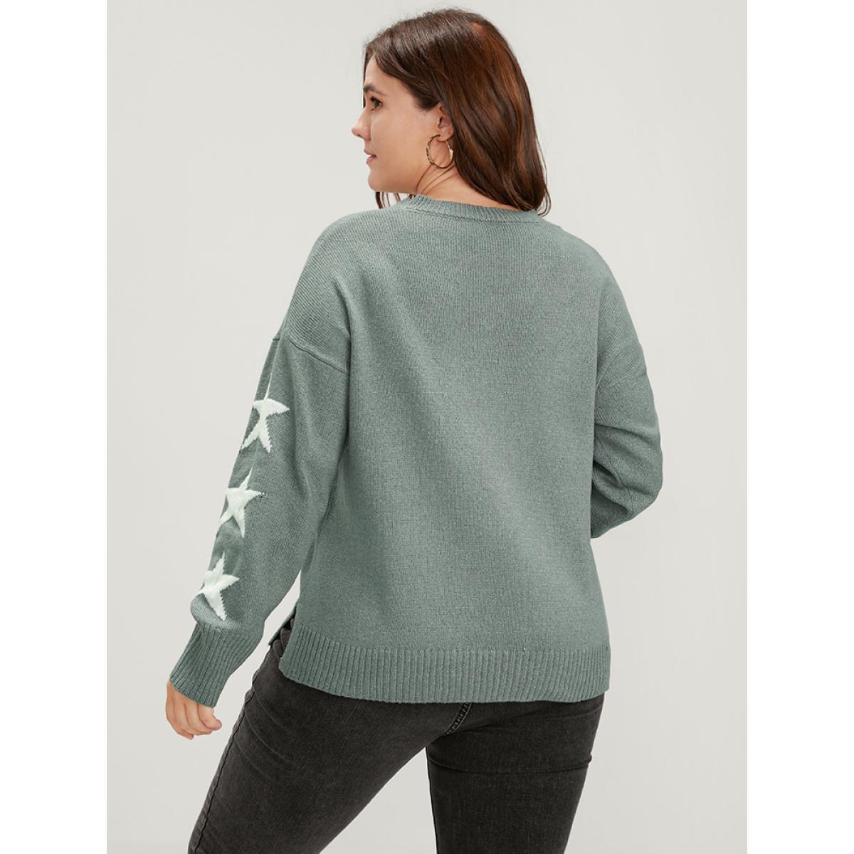 Plus Size Star Print Contrast Pointelle Knit Slpit Hem Knit Top DarkSlateGray Women Casual Long Sleeve V-neck Dailywear Pullovers BloomChic 30/6X Product Image