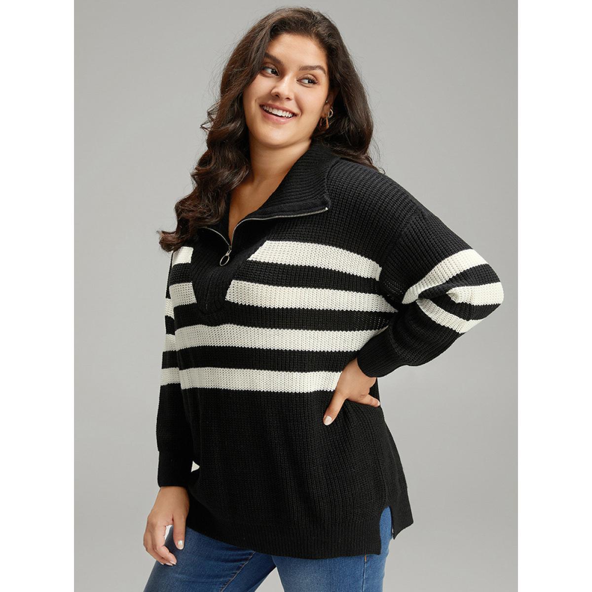 Plus Size Striped Zipper Lapel Collar Drop Shoulder Pullover Black Women Casual Loose Long Sleeve Lapel Collar Dailywear Pullovers BloomChic 28/5X Product Image