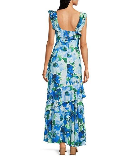 Alex Marie Lacey Ruffle Sleeveless Floral Asymmetric Hem Maxi Dress Product Image