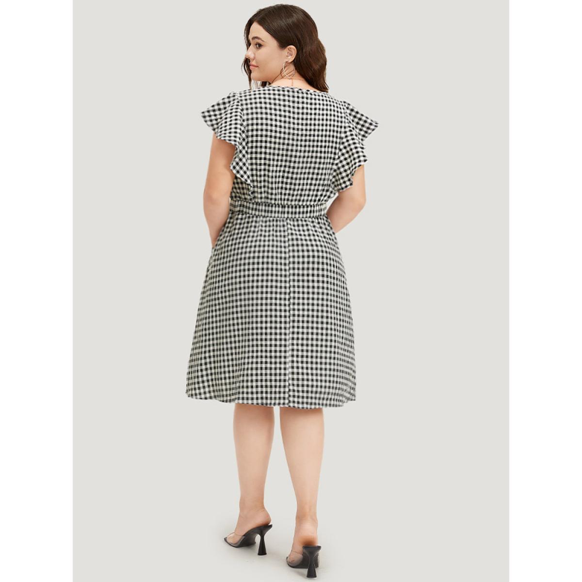 Plus Size Gingham Button Detail Pocket Ruffle Cap Sleeve Dress Black Women Elegant Button V-neck Cap Sleeve Curvy Knee Dress BloomChic 12/L Product Image