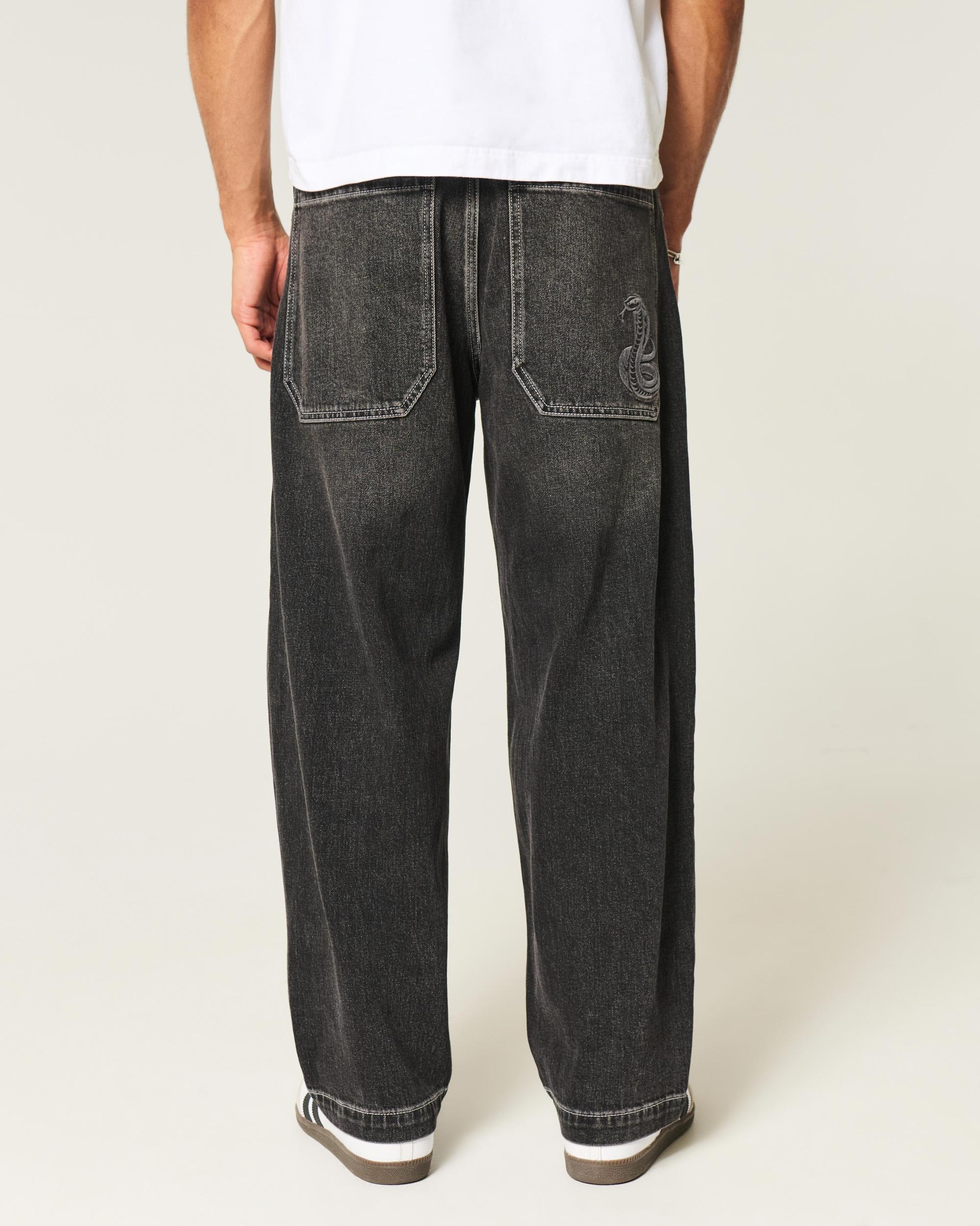 Washed Black Embroidered Snake Baggy Skater Jeans Product Image