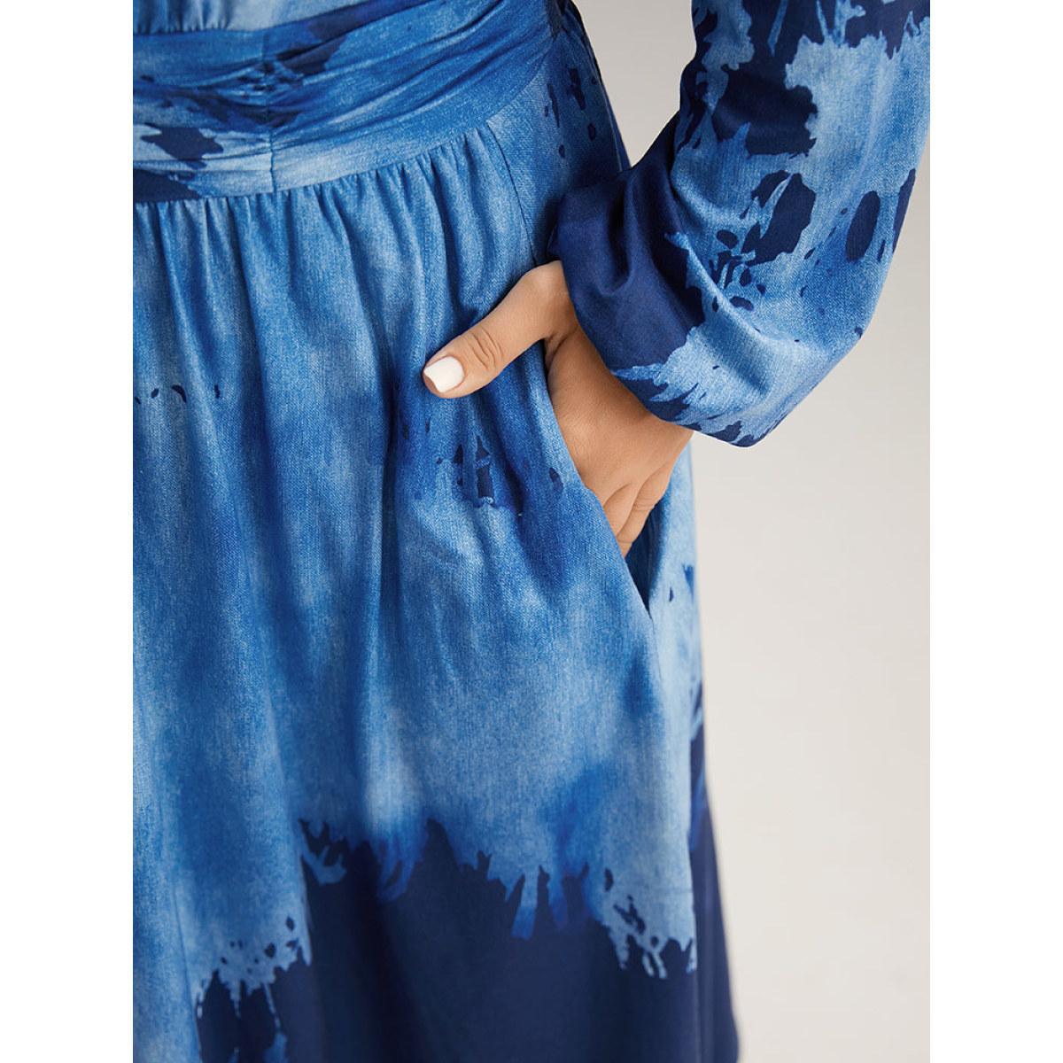 Plus Size Tie Dye Ruched Pocket Lantern Sleeve Dress Indigo Women Casual Elastic cuffs V-neck Long Sleeve Curvy Midi Dress BloomChic 12/L Product Image