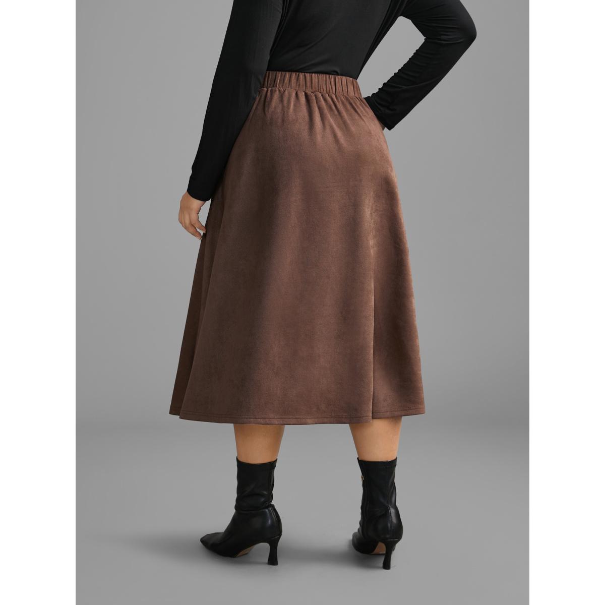 Plus Size Faux Suede Button Detail Pocket Skirt Women DarkBrown Elegant Button Loose Low stretch Slanted pocket Everyday Skirts BloomChic 12/L Product Image