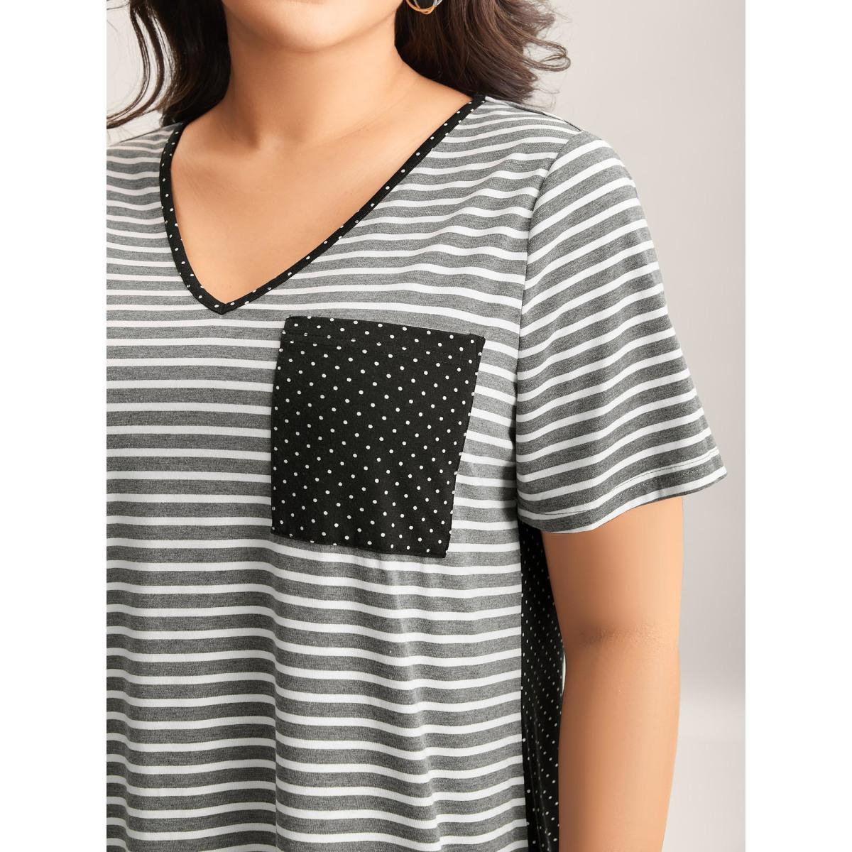Plus Size Striped Polka Dots Print Pockets T-Shirt DimGray Women Contrast V-neck Everyday-Casual T-shirts BloomChic 10/M Product Image