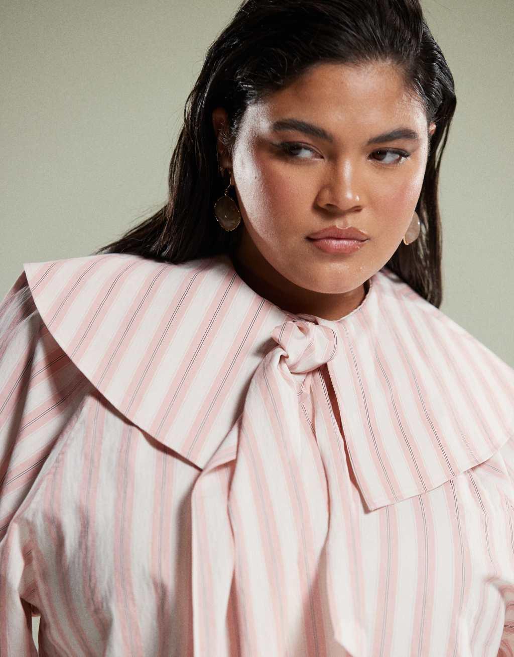 ASOS DESIGN Curve shirt with large collar and tie detail in pink stripe Product Image