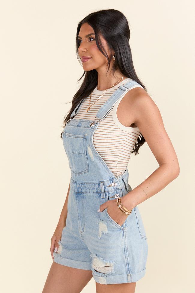 The Amy Jo Medium Wash Distressed Cuffed Overalls Holley Gabrielle X Pink Lily Product Image