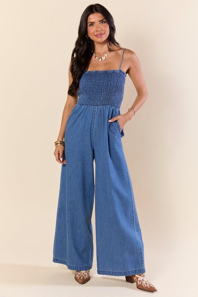Showstopper Denim Smocked Jumpsuit SALE Product Image
