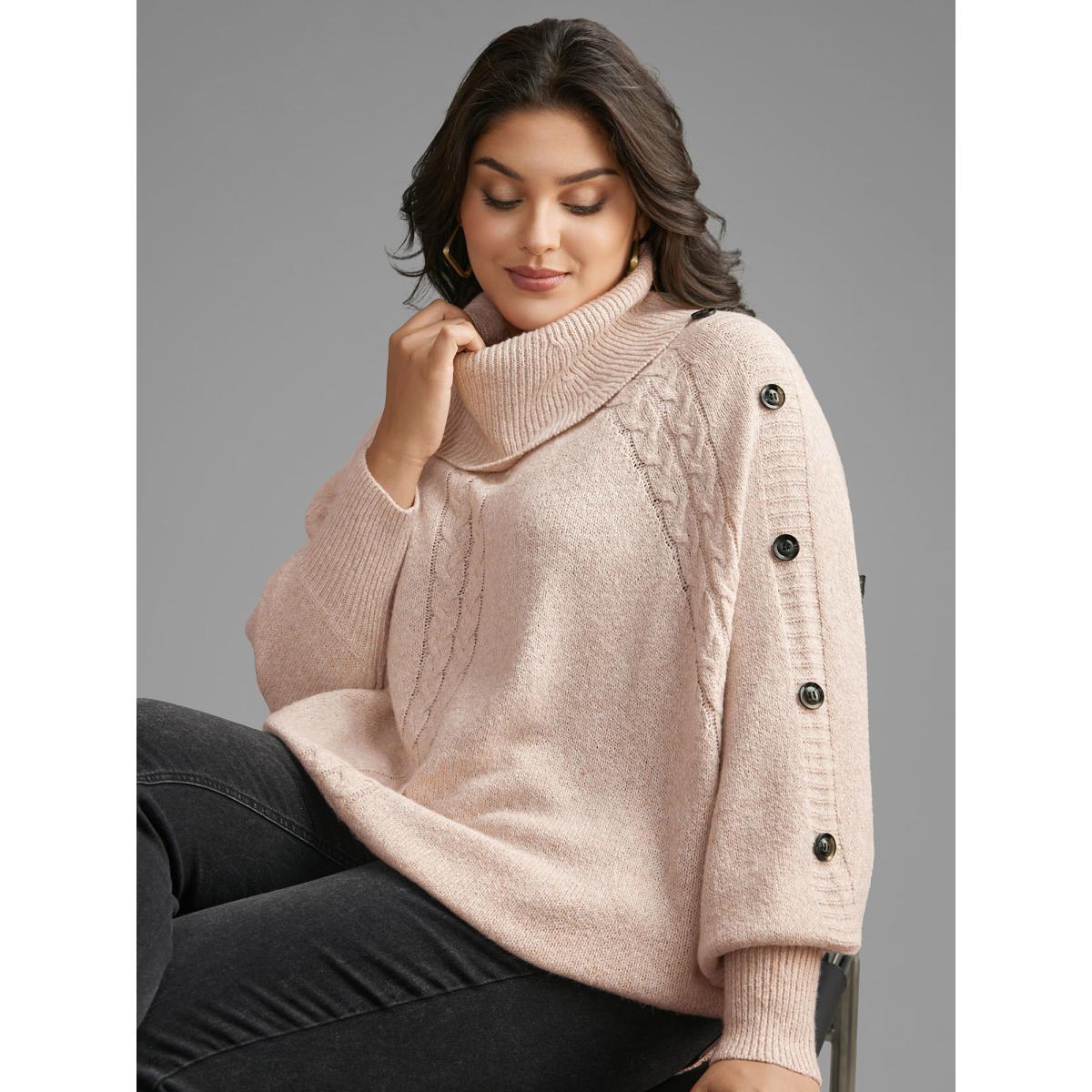 Plus Size Turtleneck Cable Knit Asymmetrical Hem Pullover Nudepink Women Casual Loose Long Sleeve Ruffled collar Everyday Pullovers BloomChic 28/5X Product Image