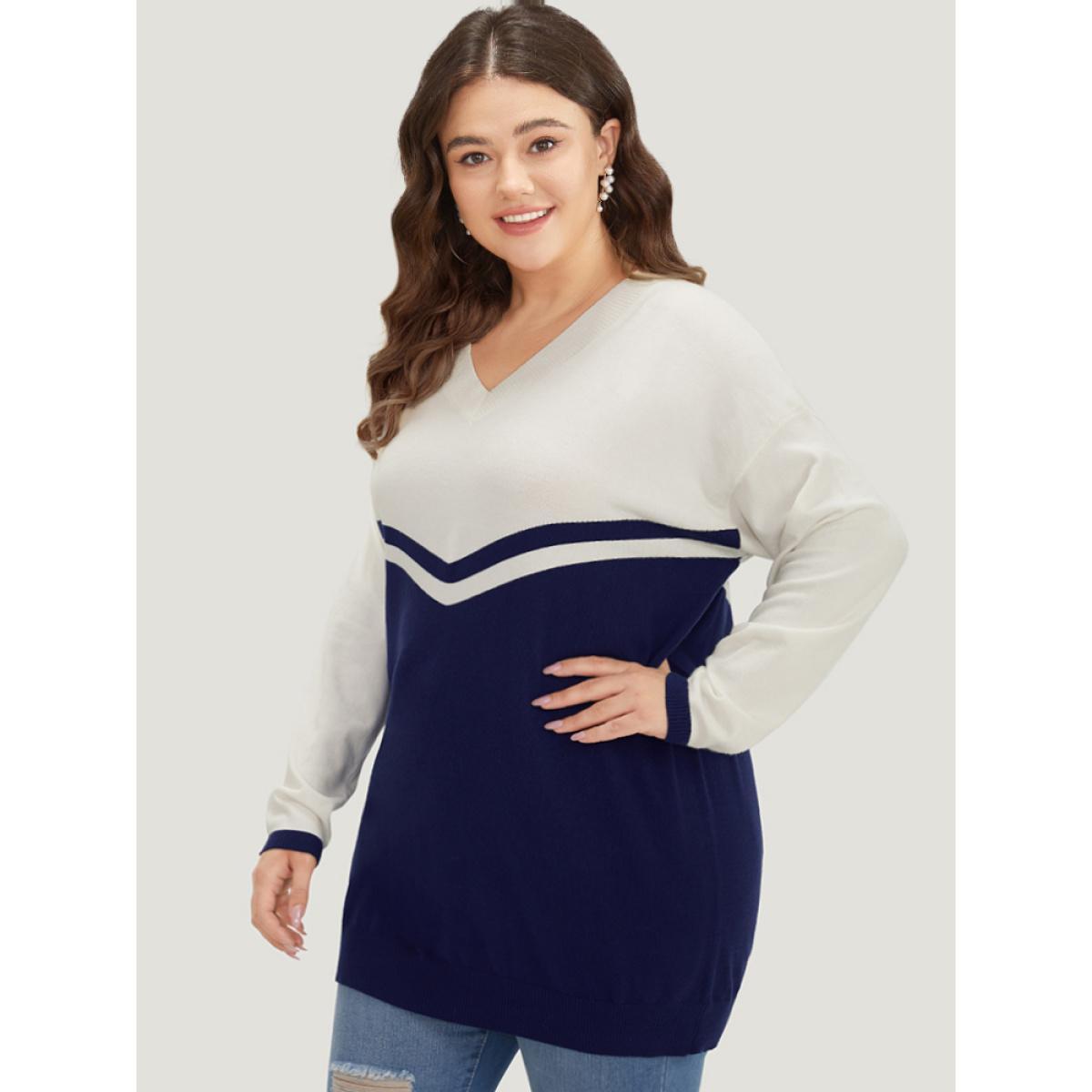 Plus Size Striped Two Tone V Neck Drop Shoulder Pullover Indigo Women Casual Loose Long Sleeve V-neck Dailywear Pullovers BloomChic 18-20/2X Product Image