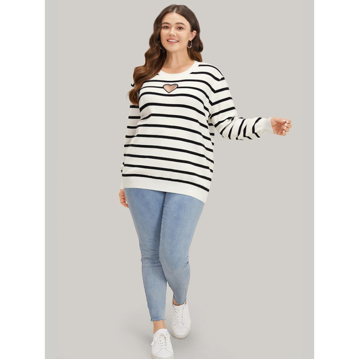 Plus Size Supersoft Essentials Striped Heart Keyhole Mesh Pullover Ivory Women Casual Loose Long Sleeve Round Neck Dailywear Pullovers BloomChic 12/L Product Image